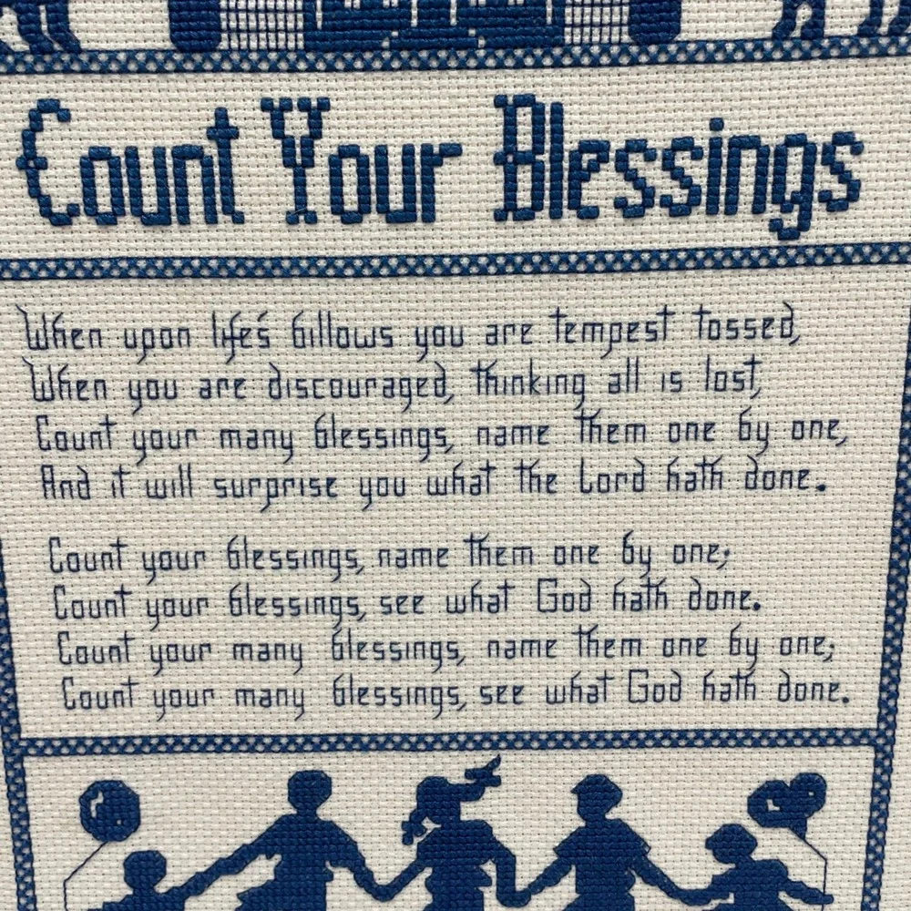 Vintage Style Cross Stitch Count Your Blessing Navy Blue 12x16 Cottage Farmhouse